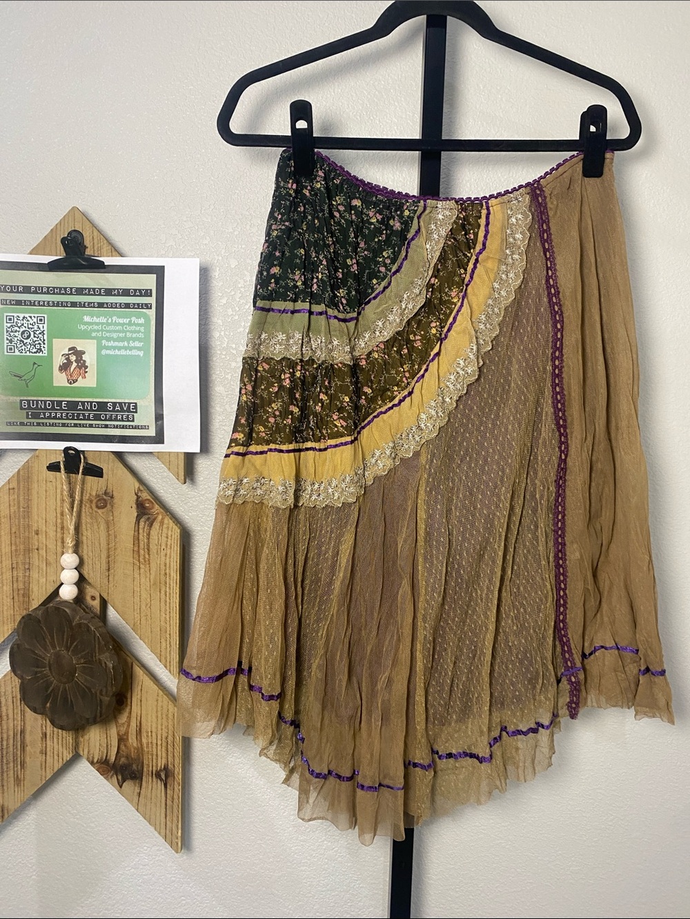 Vintage Bohemian Patchwork Midi Skirt - Tan, Purple, Olive sz L